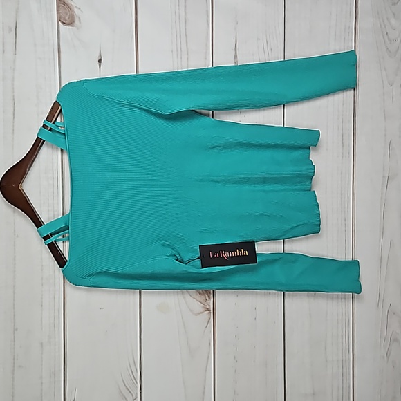 NWT La Rambla Teal Strap Cut Out Ribbed Sweater - Size Large - Picture 2 of 12